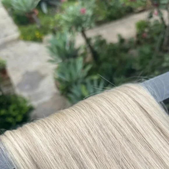 28” Human Hair Blend Wrap Around Ponytail – Silk Straight, Natural Ash Blonde - Picture 2 of 10